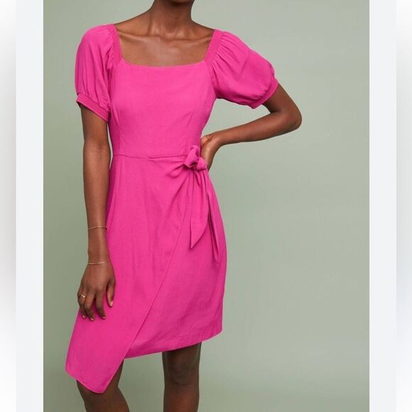 Maeve Pink Resort Faux Wrap Asymmetrical Hem Puff Sleeves Mini Dress Women’s 6 - Picture 1 of 9